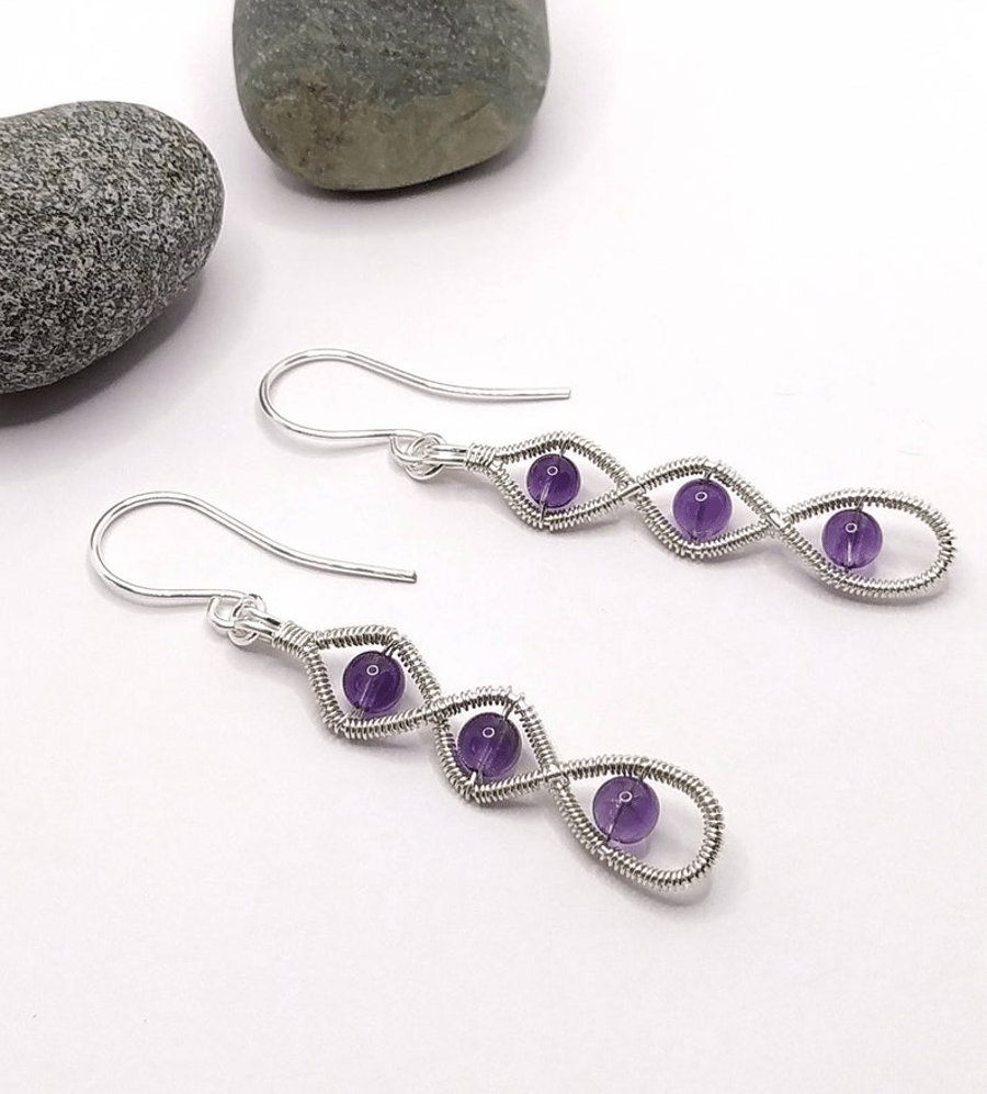 Twisted Drop Wire Wrapped Earrings with Amethyst 