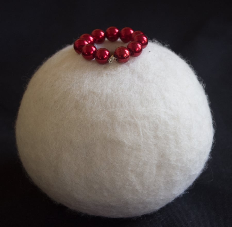  Red beaded White Felted Bowl. By Feltmaker Artist Lorna Soar