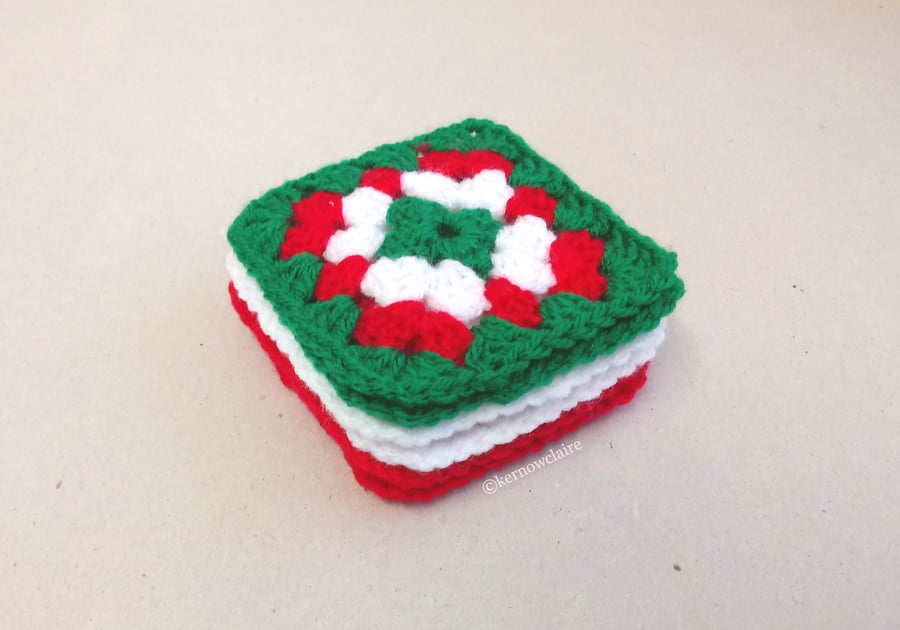 Coasters for Christmas in red, white and green, set of six, crochet coasters