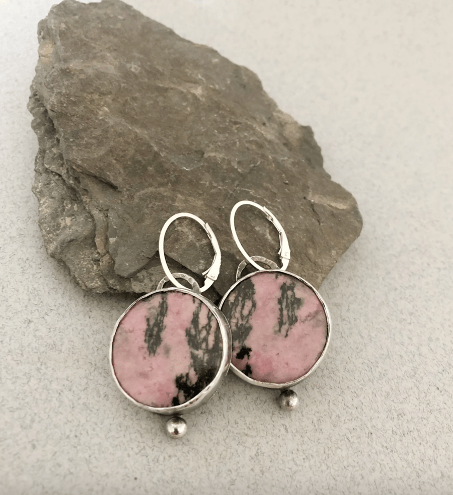 Pink Stone Earrings - Rhodonite Earrings - Silver Earrings