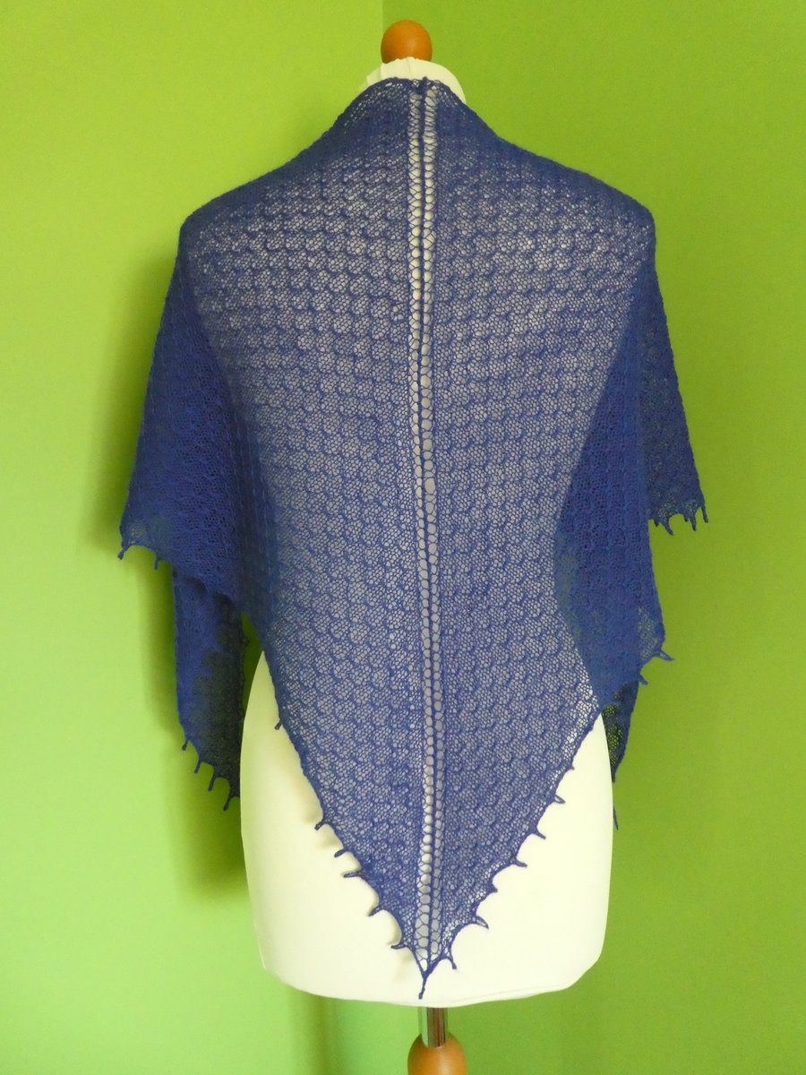 Shawl Triangular Scarf  in Blue Colour Merino Lambswool 2 ply Yarn