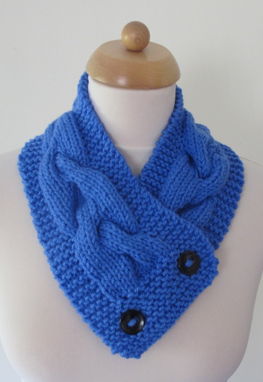  Hand Knitted Cosy  Buttoned Scarf, Neck warmer shade - mid blue