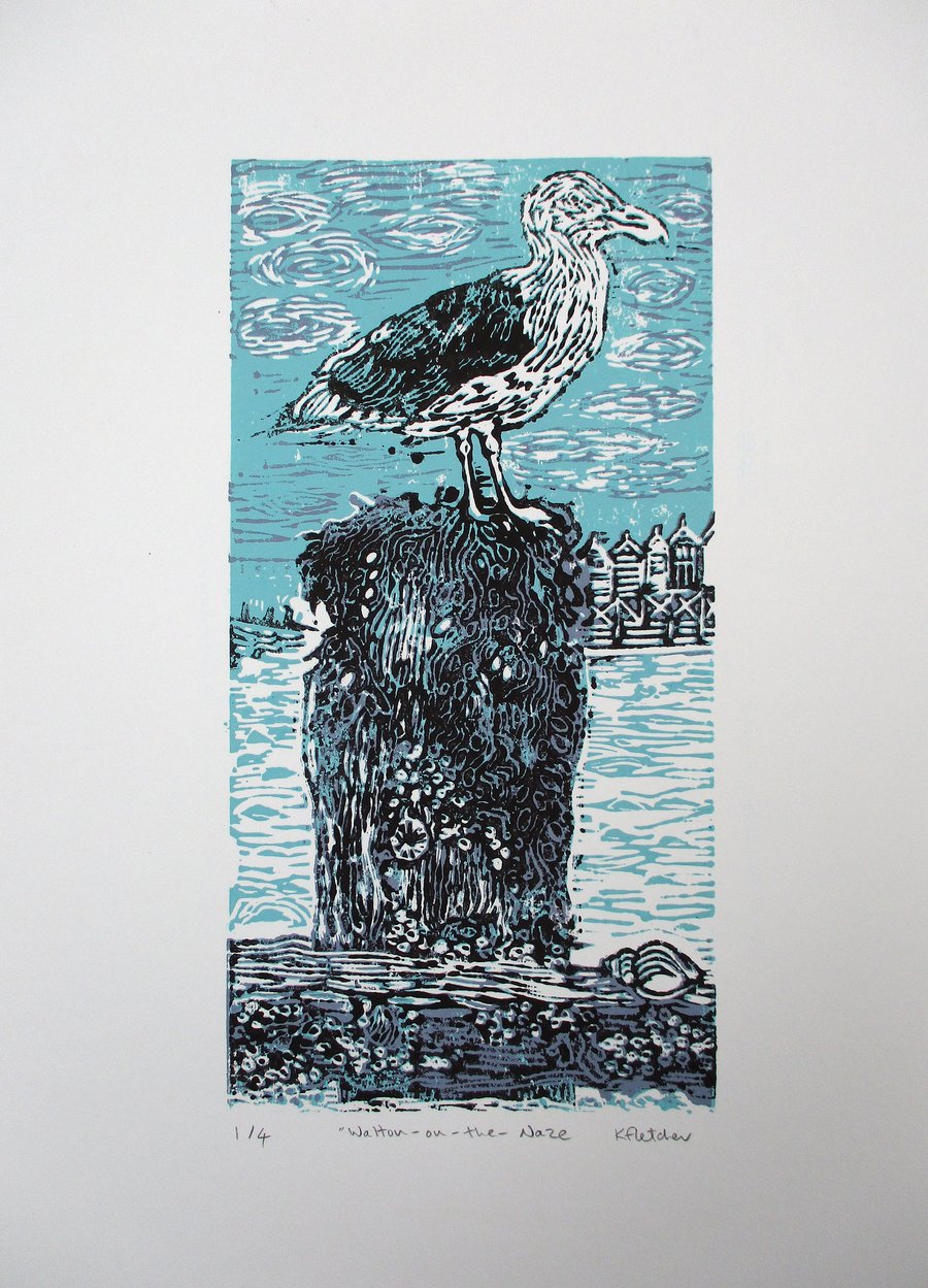 Walton-On-The-Naze, Essex, Seaside Seagull Original Hand Pressed Linocut Ltd Ed
