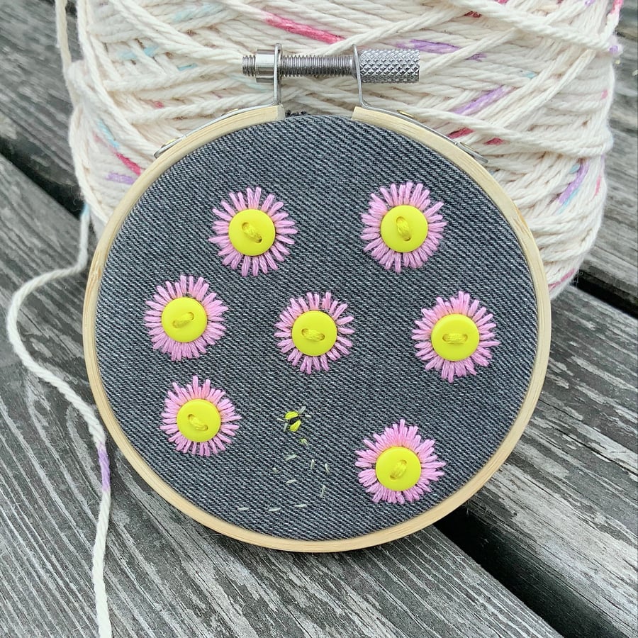 Upcycled Denim Hoop. Embroidered Hoop. Hoop Art. Daisies. Embroidery Hoop.
