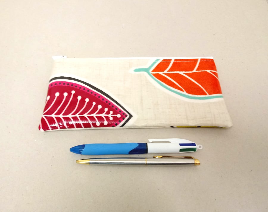 SALE Pencil case in beige with pink and orange leaves, oilcloth pencil pouch