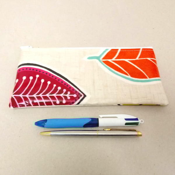 SALE Pencil case in beige with pink and orange leaves, oilcloth pencil pouch