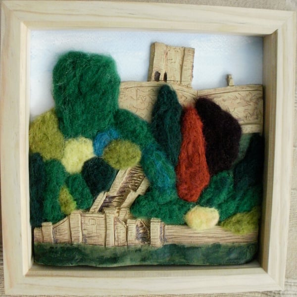 Castle and garden wall art, Clitheroe castle, mixed media art, Clay ad wool, 5t