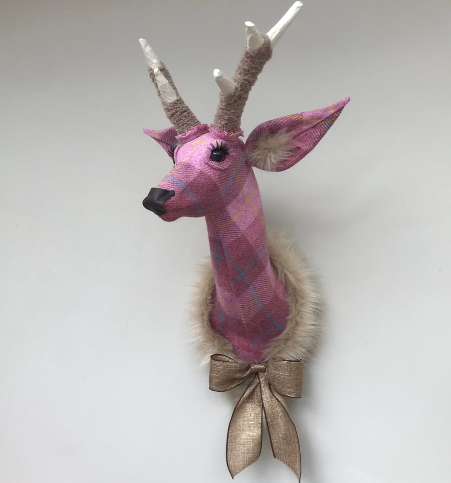 Handmade faux taxidermy Harris tweed rose pink check stag wall mount animal head