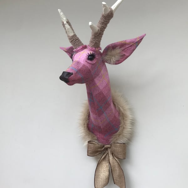 Handmade faux taxidermy Harris tweed rose pink check stag wall mount animal head