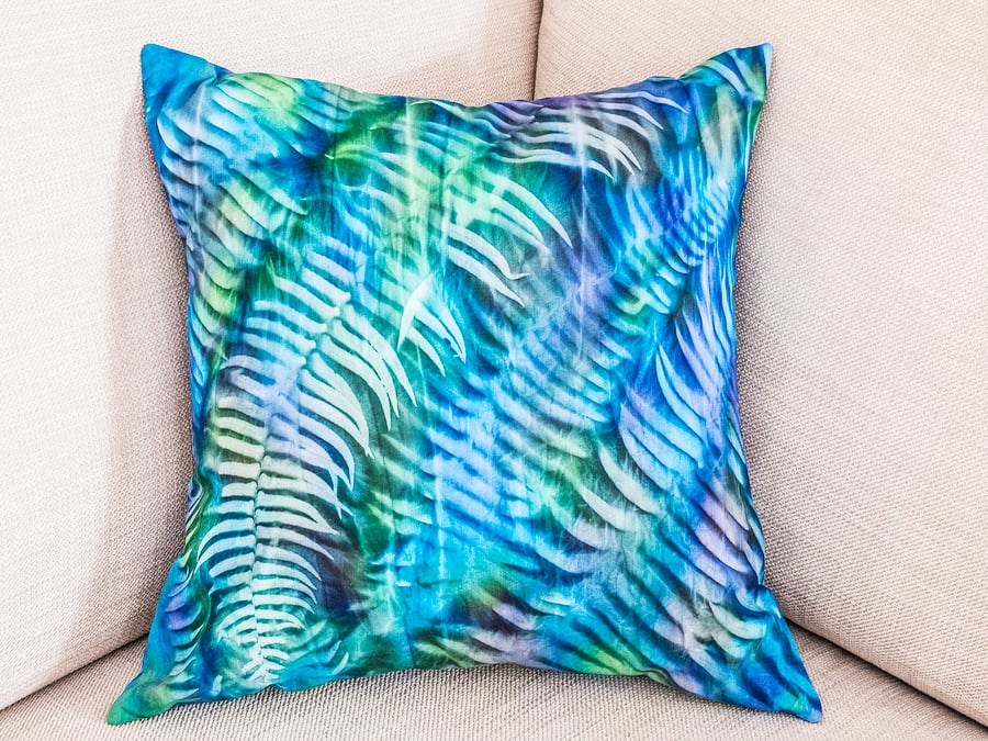 Sun printed square 16" 40cm 16 in cushion cover ferns hand-dyed sun print leaves