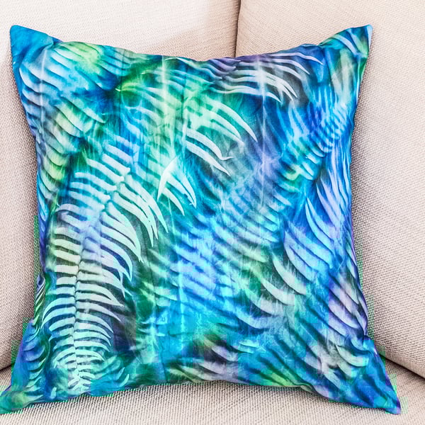 Sun printed square 16" 40cm 16 in cushion cover ferns hand-dyed sun print leaves