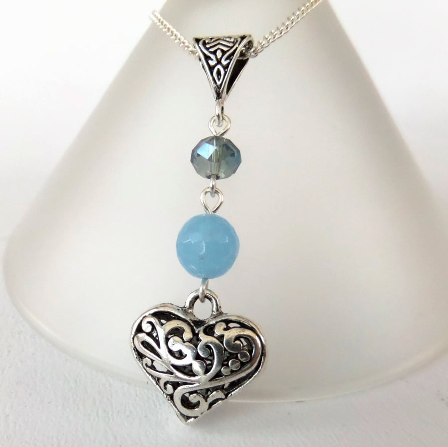 Heart charm necklace, with blue quartz and crystal