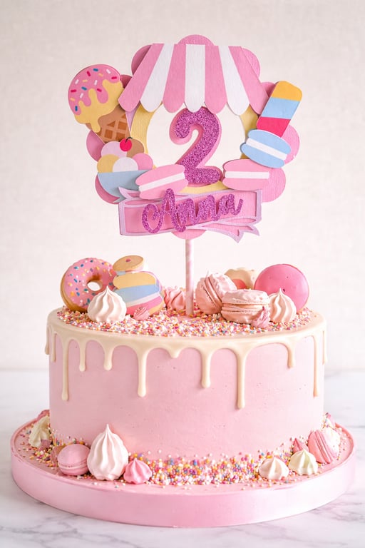 Two Sweet Themed Personalised Birthday Cake Topper. Sweet Treat Themed Topper