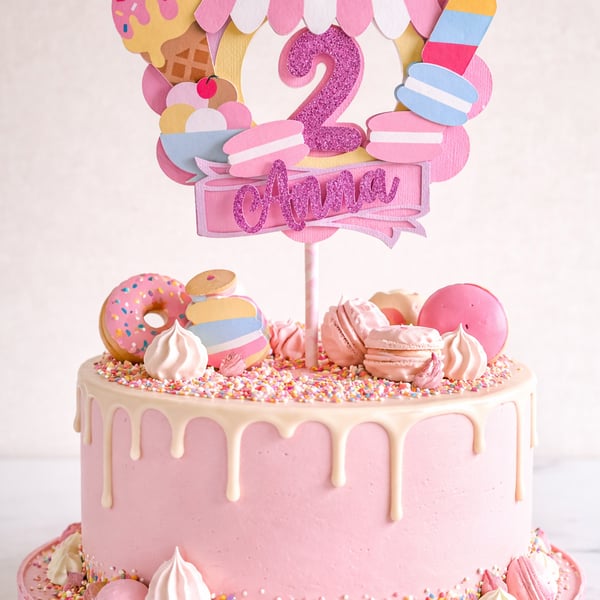 Two Sweet Themed Personalised Birthday Cake Topper. Sweet Treat Themed Topper