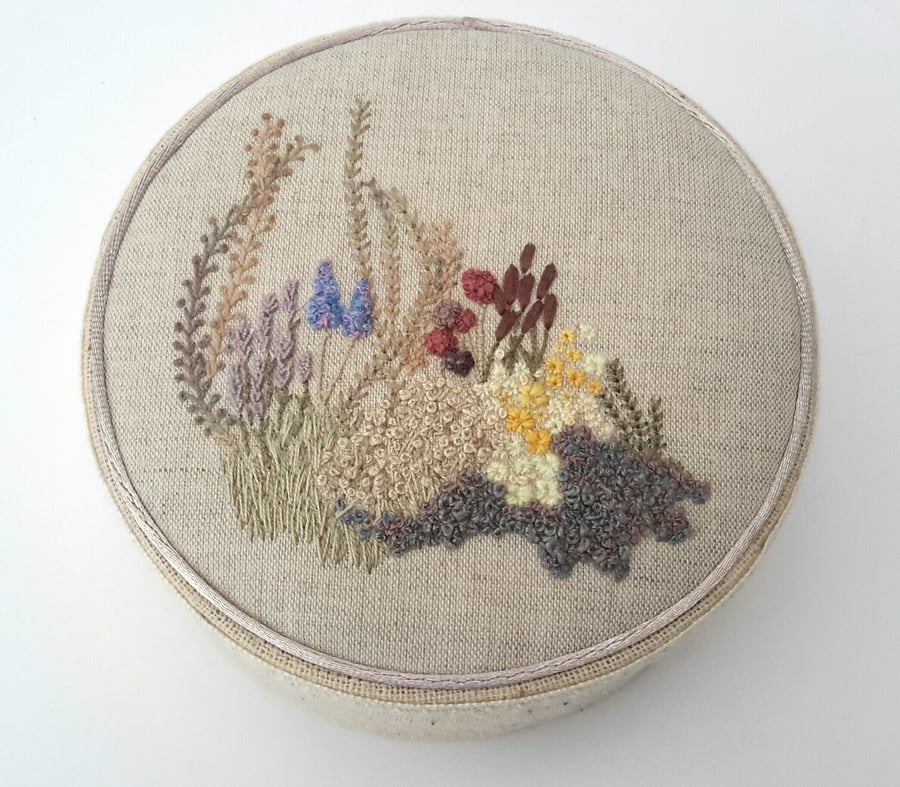 REDUCED Hand Embroidered Jewellery Box, Trinket Box, Fabric Sewing box Box 