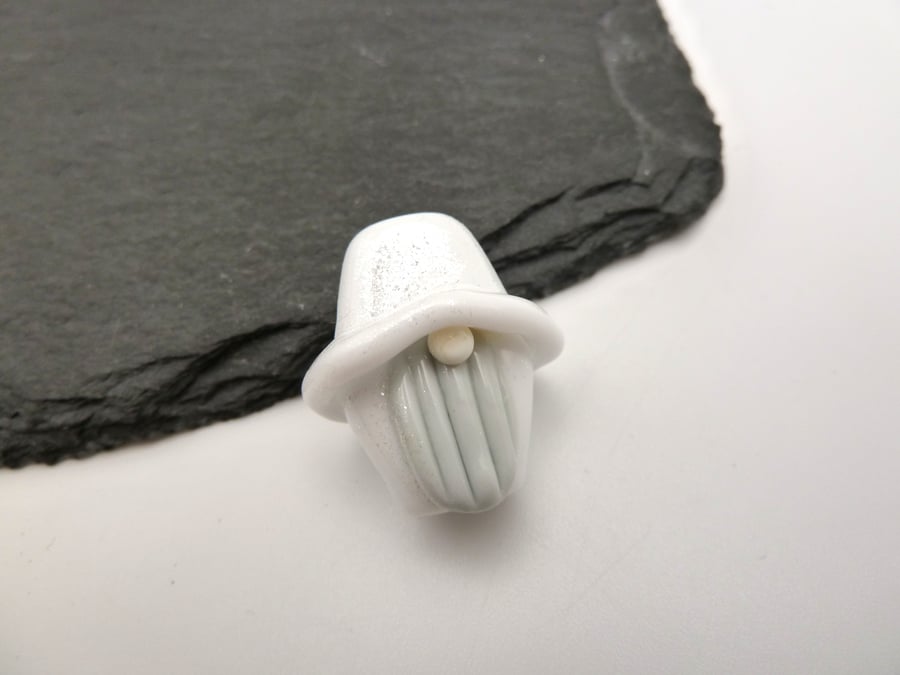lampwork glass bead, white glitter gnome