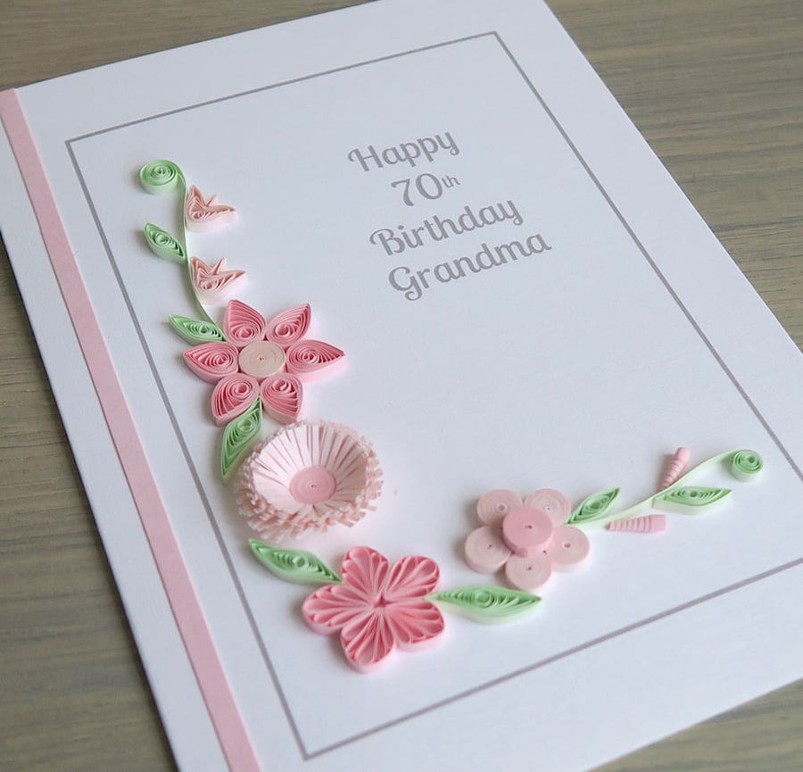Personalised quilled 70th birthday card for grandma, handmade, any age, any name