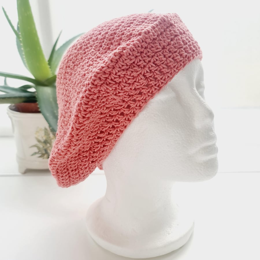 Crochet Beret Hat, Pink Cotton