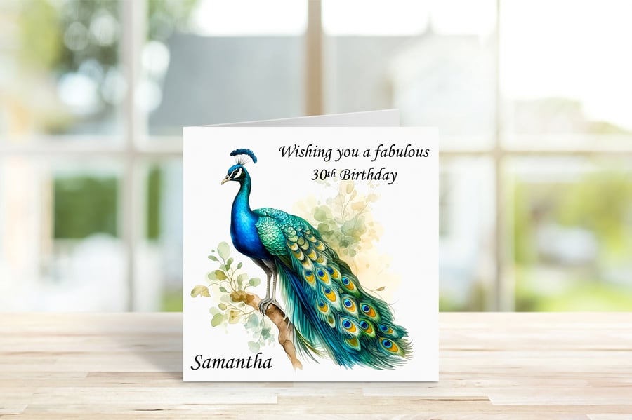 Personalised Beautiful Elegant Peacock Birthday Card. Design 9