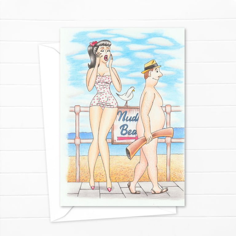 Nudist Beach Greetings Card: Hand Drawn Postcard Style Artwork (802)
