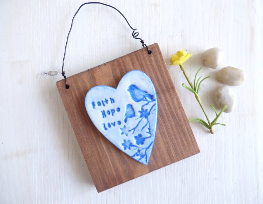 'Faith Hope Love' Blue, Bird, Textured, Hanging Heart, Plaque