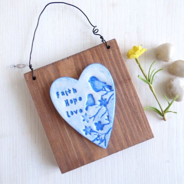 'Faith Hope Love' Blue, Bird, Textured, Hanging Heart, Plaque