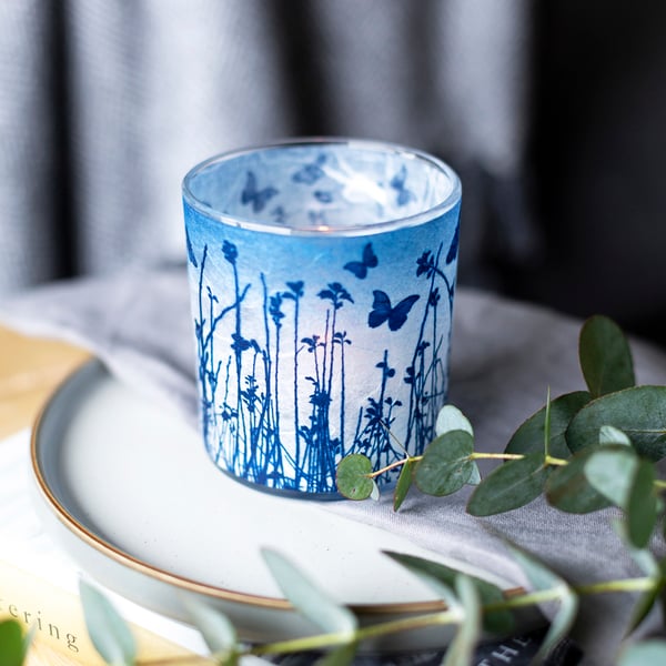 Blue butterfly meadow Cyanotype tea light holder seconds sunday 