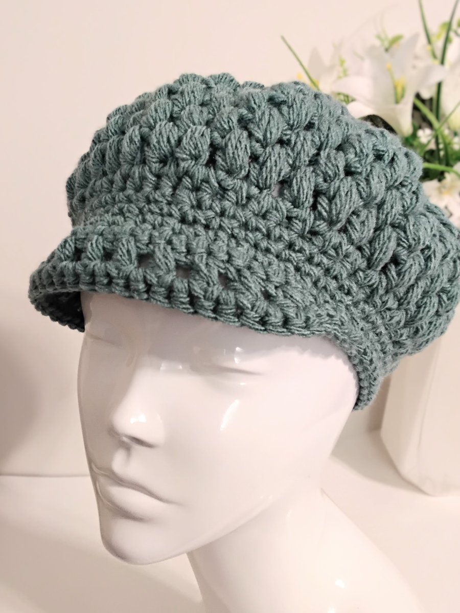 Chunky Woolly Crochet Newsboy Cap in Sage Green