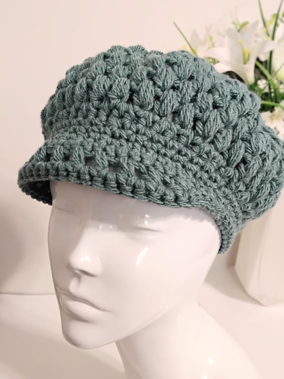 Chunky Woolly Crochet Newsboy Cap in Sage Green