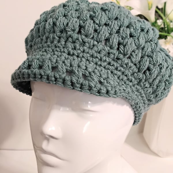 Chunky Woolly Crochet Newsboy Cap in Sage Green