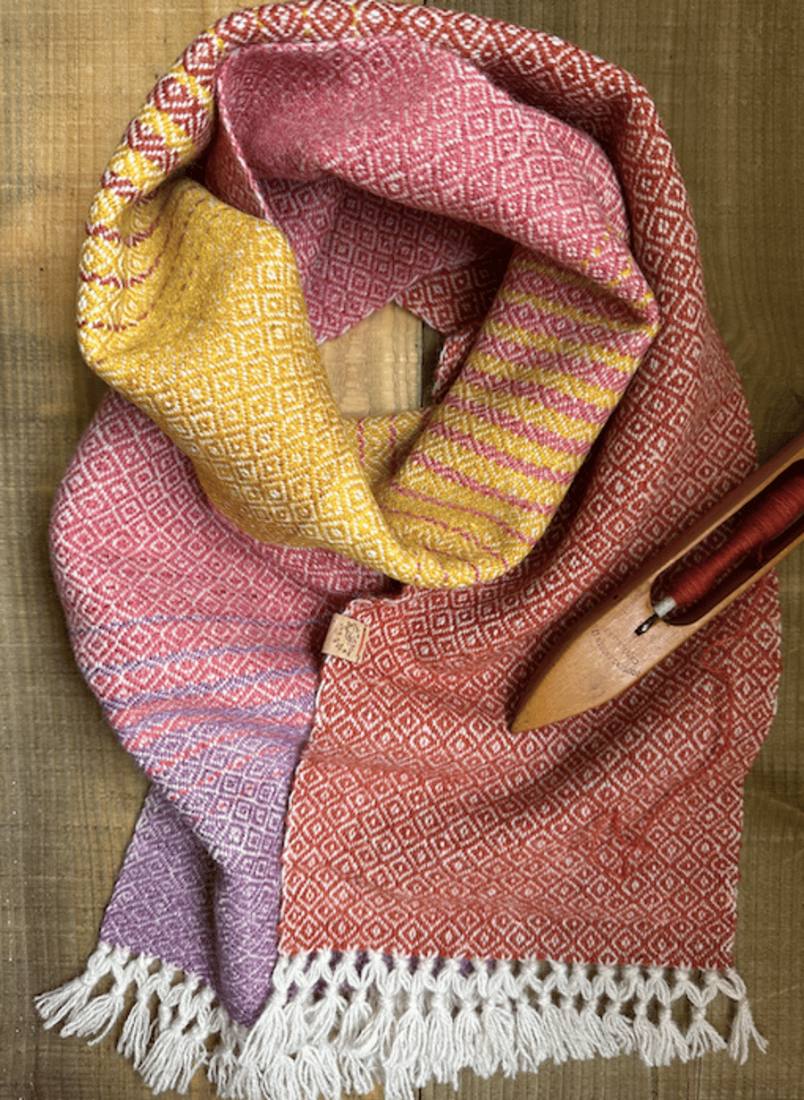British Wool Hand Dyed & Woven Scarf in Graduating Rust to Lilac Diamond Weave