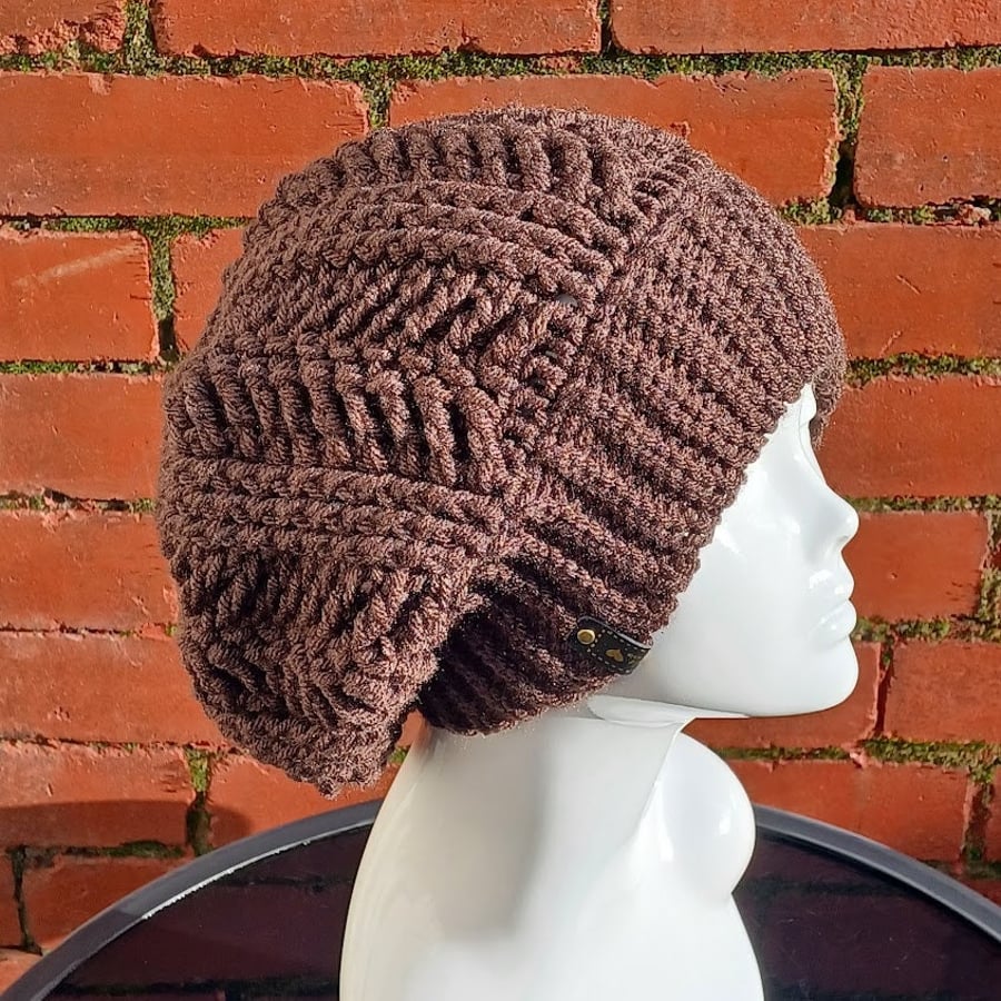 Chunky brown beanie, crochet slouchy hat