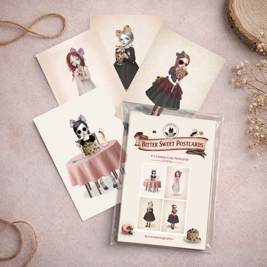 Bitter Sweet Postcards - Set of 4 Creepy Cute Pastel Goth Art Cards