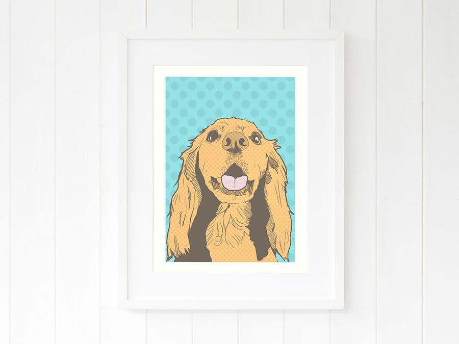 Dotty Sprocker dog illustration, Cocker Spaniel pop art drawing