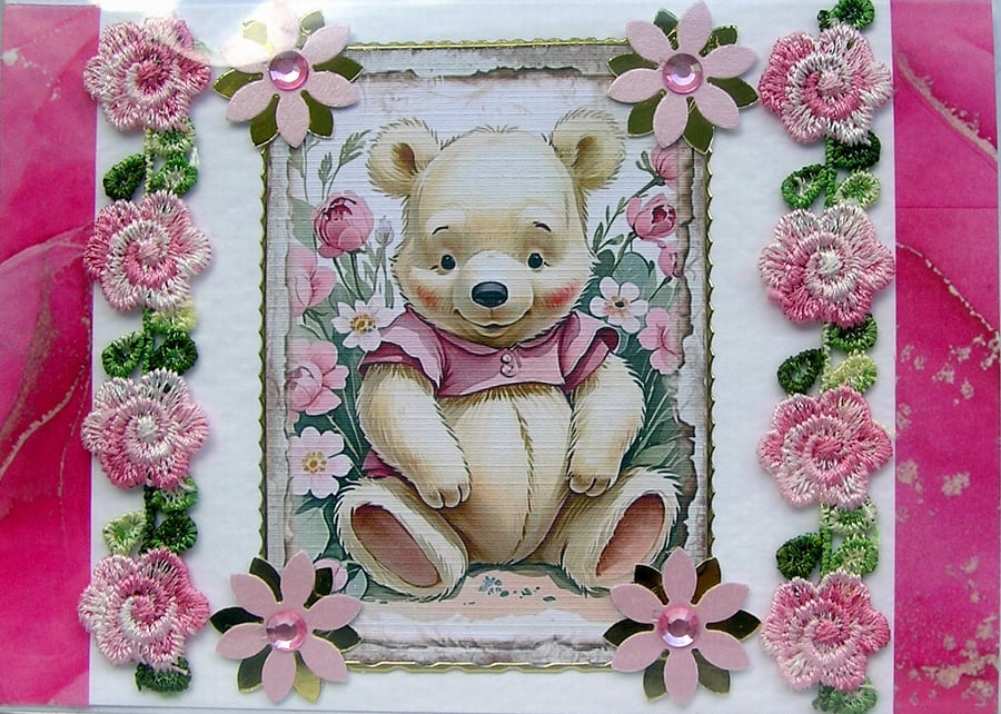 Pink Teddy Bear - Hand Crafted 3D Decoupage Card - Blank - 2887