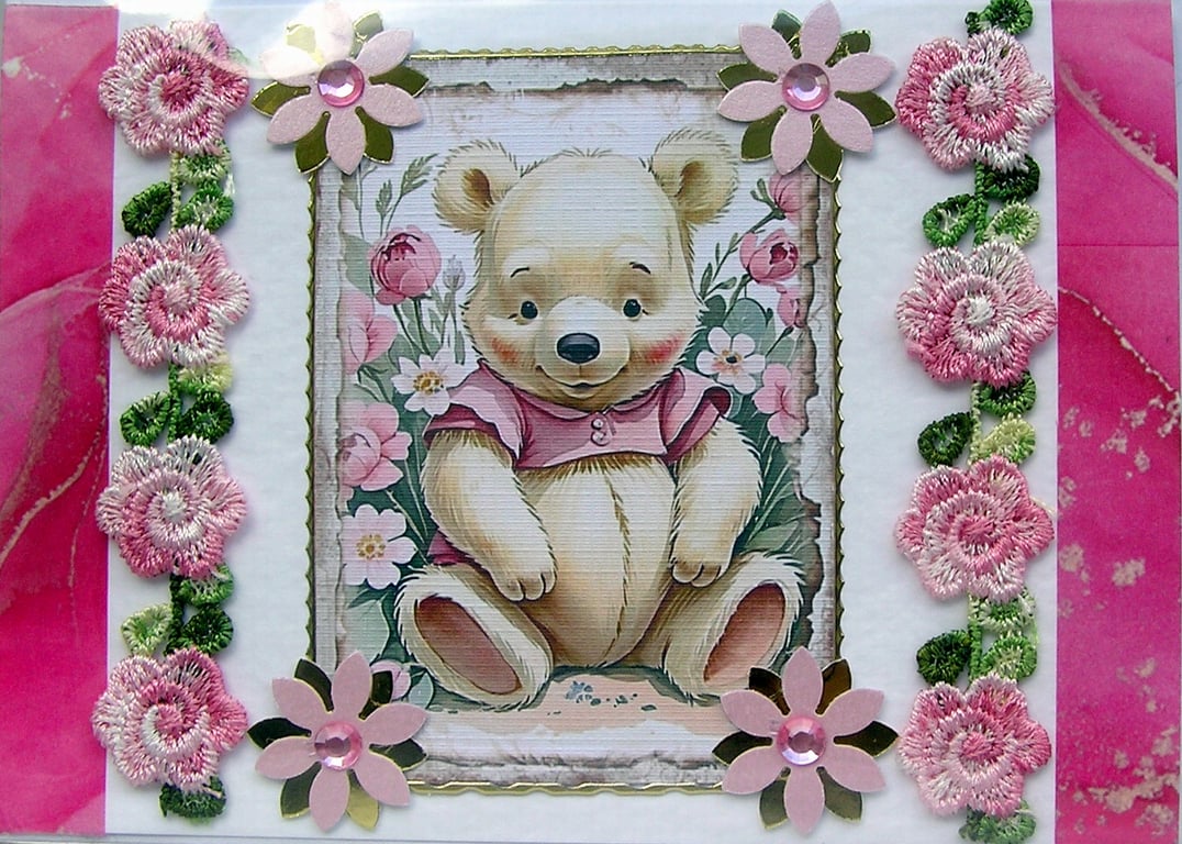 Pink Teddy Bear - Hand Crafted 3D Decoupage Card - Blank - 2887