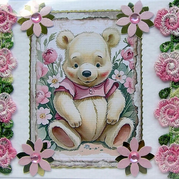 Pink Teddy Bear - Hand Crafted 3D Decoupage Card - Blank - 2887