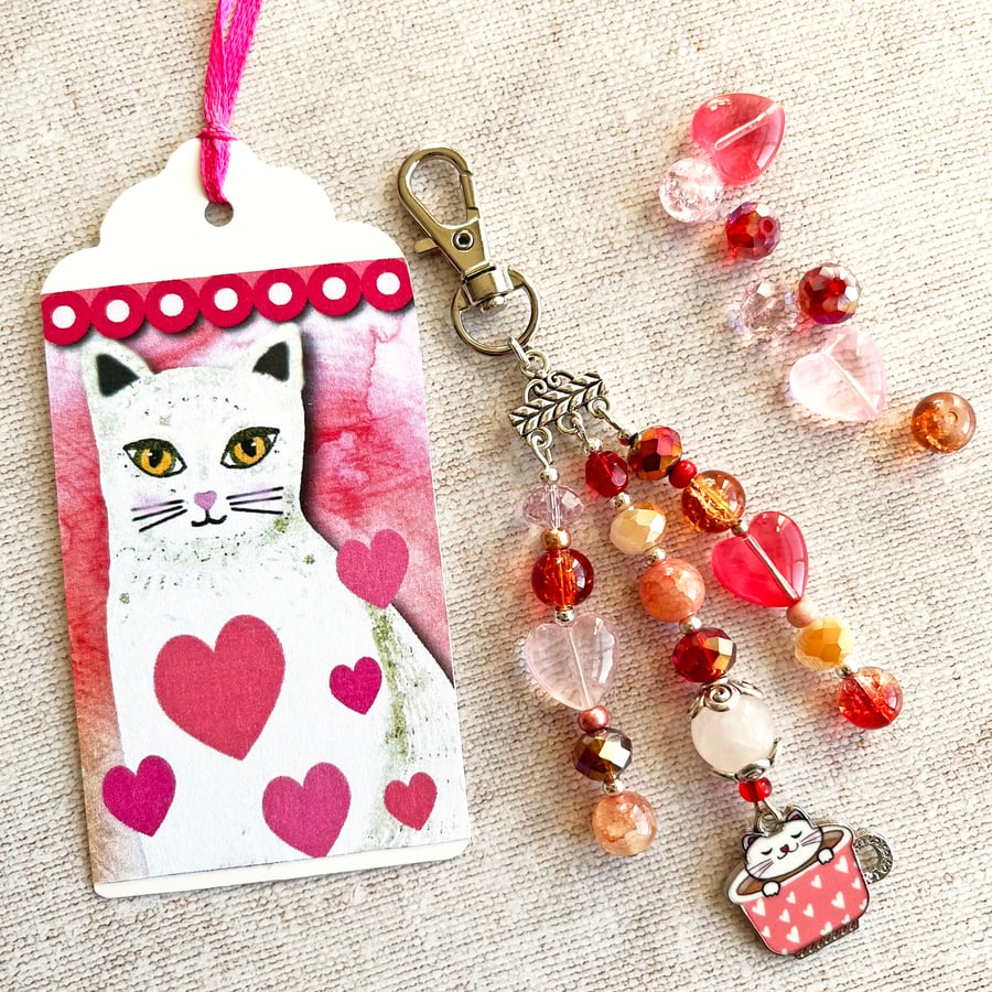 Cat bag charm. White cat in a cup, cat charm, cat bag charm, gift for cat lover