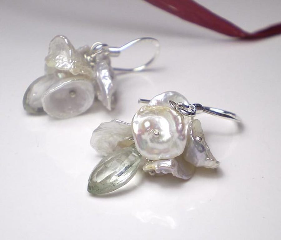 YUMIKO Sterling silver white keshi pearls Earrings with light green prasiolite