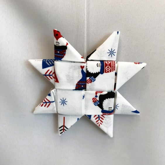 Christmas hand folded fabric hanging star Christmas fabric. Gnome Christmas star