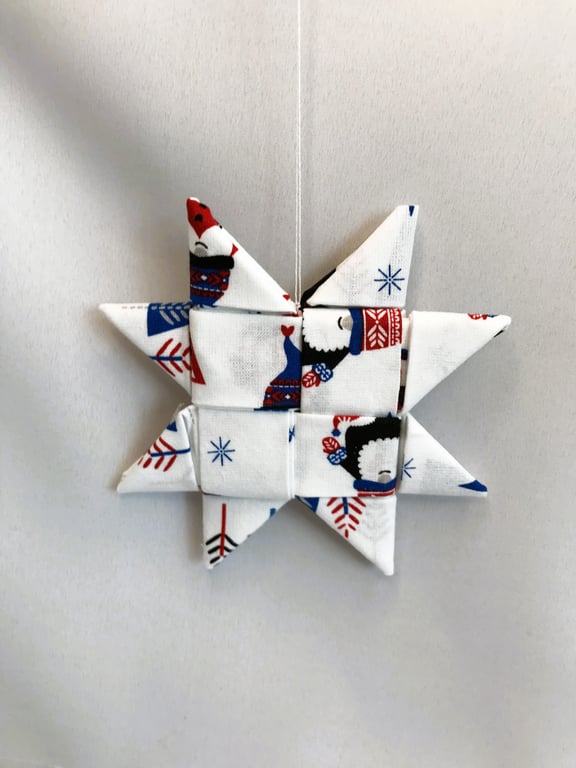 Christmas hand folded fabric hanging star Christmas fabric. Gnome Christmas star