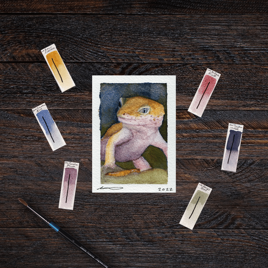 "Hunt" Leopard Gecko, Original Watercolour Painting, 2.5x3.5"