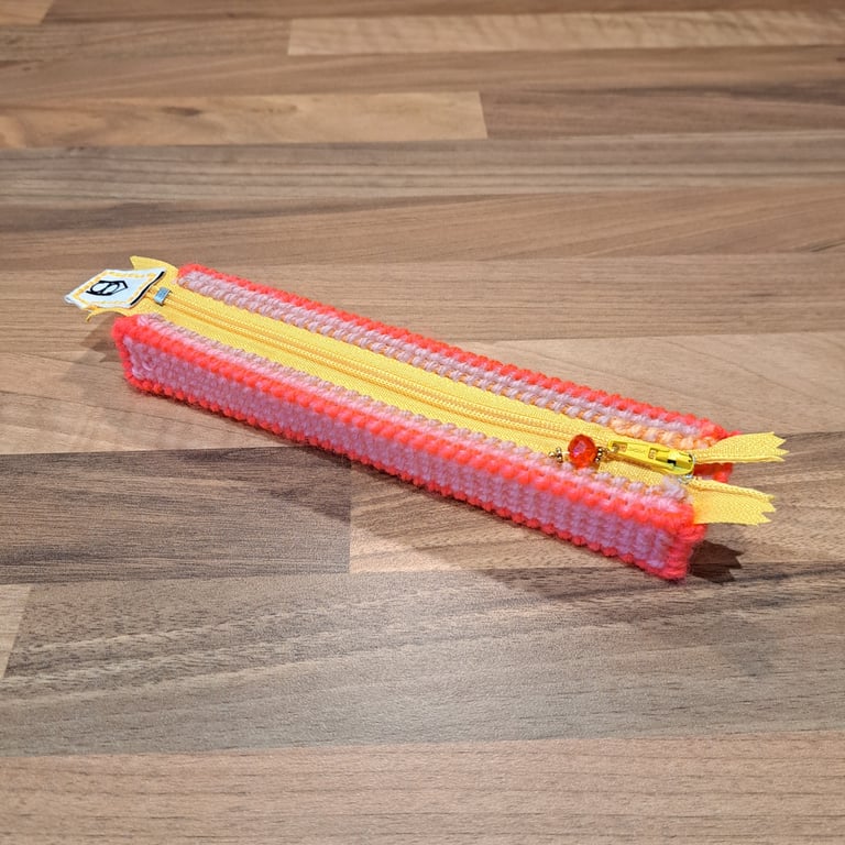 Pencil case - yellow, pink, and orange with red charm 