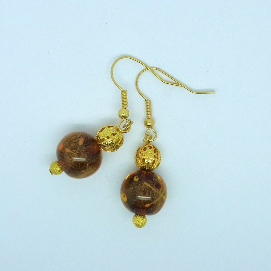 Lampwork glass bead drop earrings Golden brown