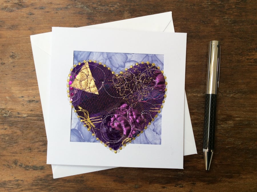Embroidered up-cycled fabric heart Art Card.