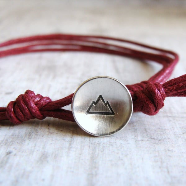 Sterling Silver Mountain Button Burgundy Red Cotton Cord Unisex Men's Bracelet