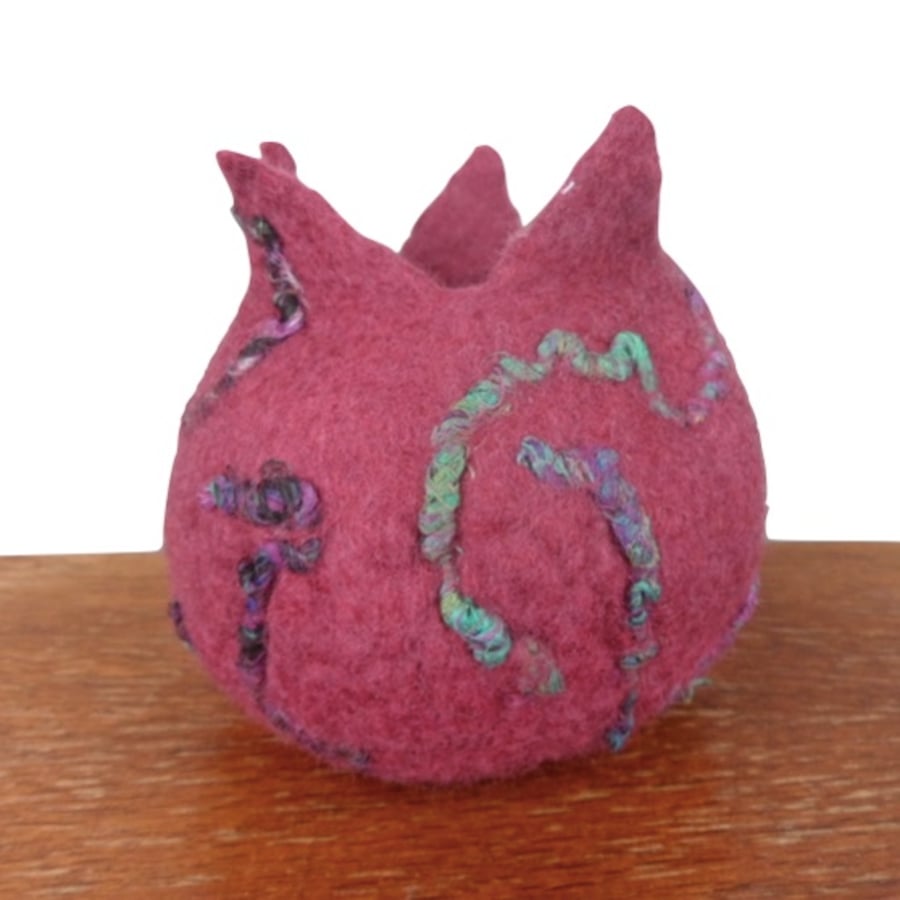 Felted vessel, pod in maroon with sari silk additions