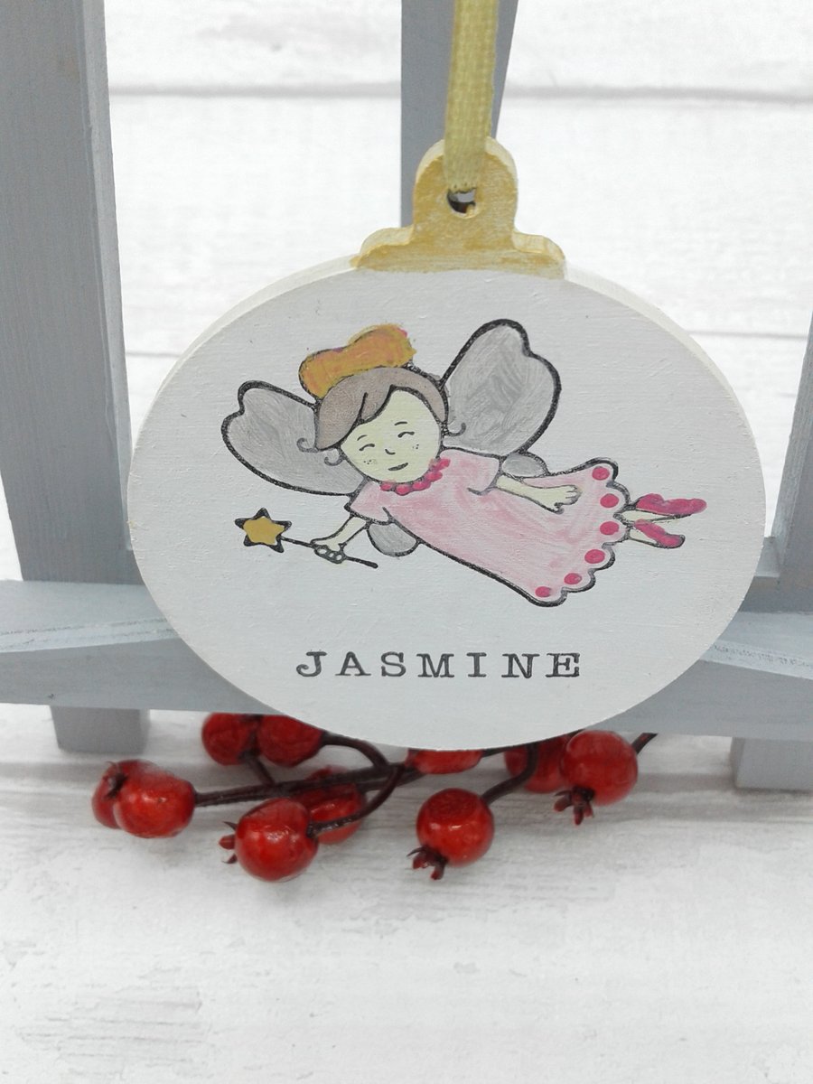 Personalised Christmas decoration. Tree decoration. Wooden bauble. Fairy.