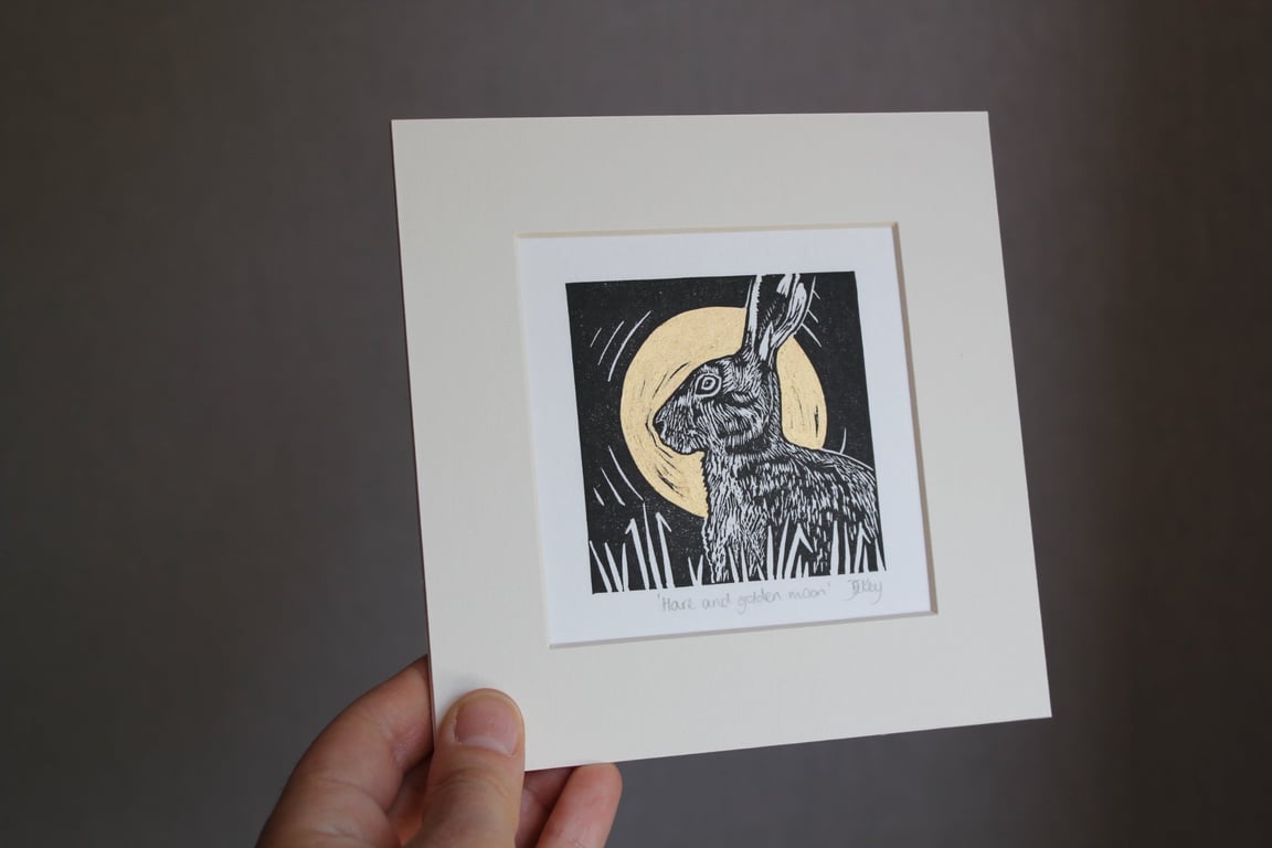 Hare and golden moon - original, hand painted, mounted linocut print