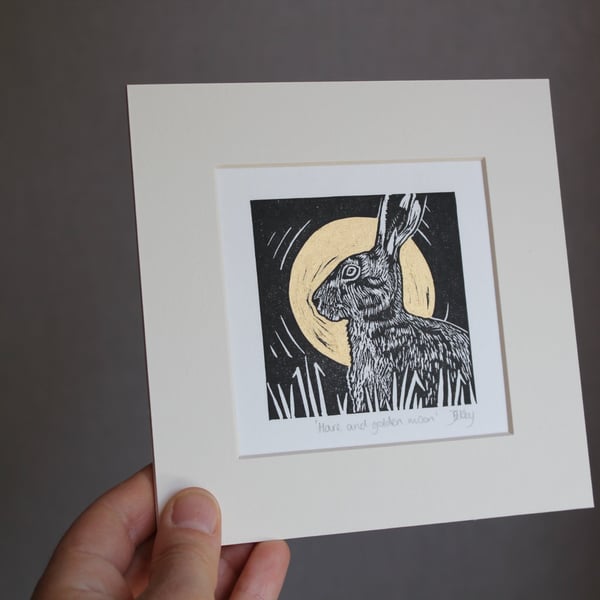 Hare and golden moon - original, hand painted, mounted linocut print